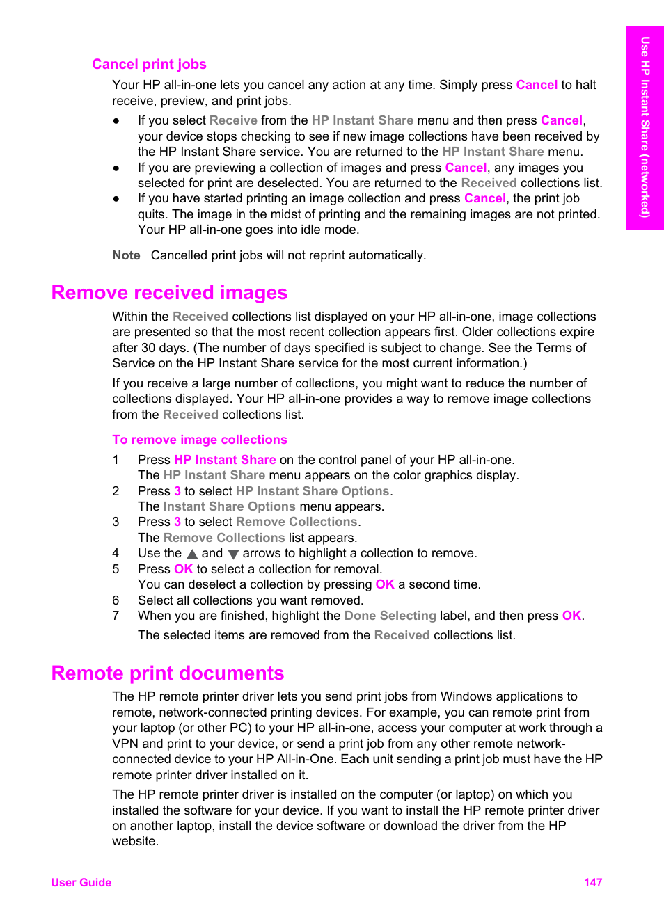 Cancel print jobs, Remove received images, Remote print documents | Remove received images remote print documents | HP 2600/2700 User Manual | Page 150 / 241