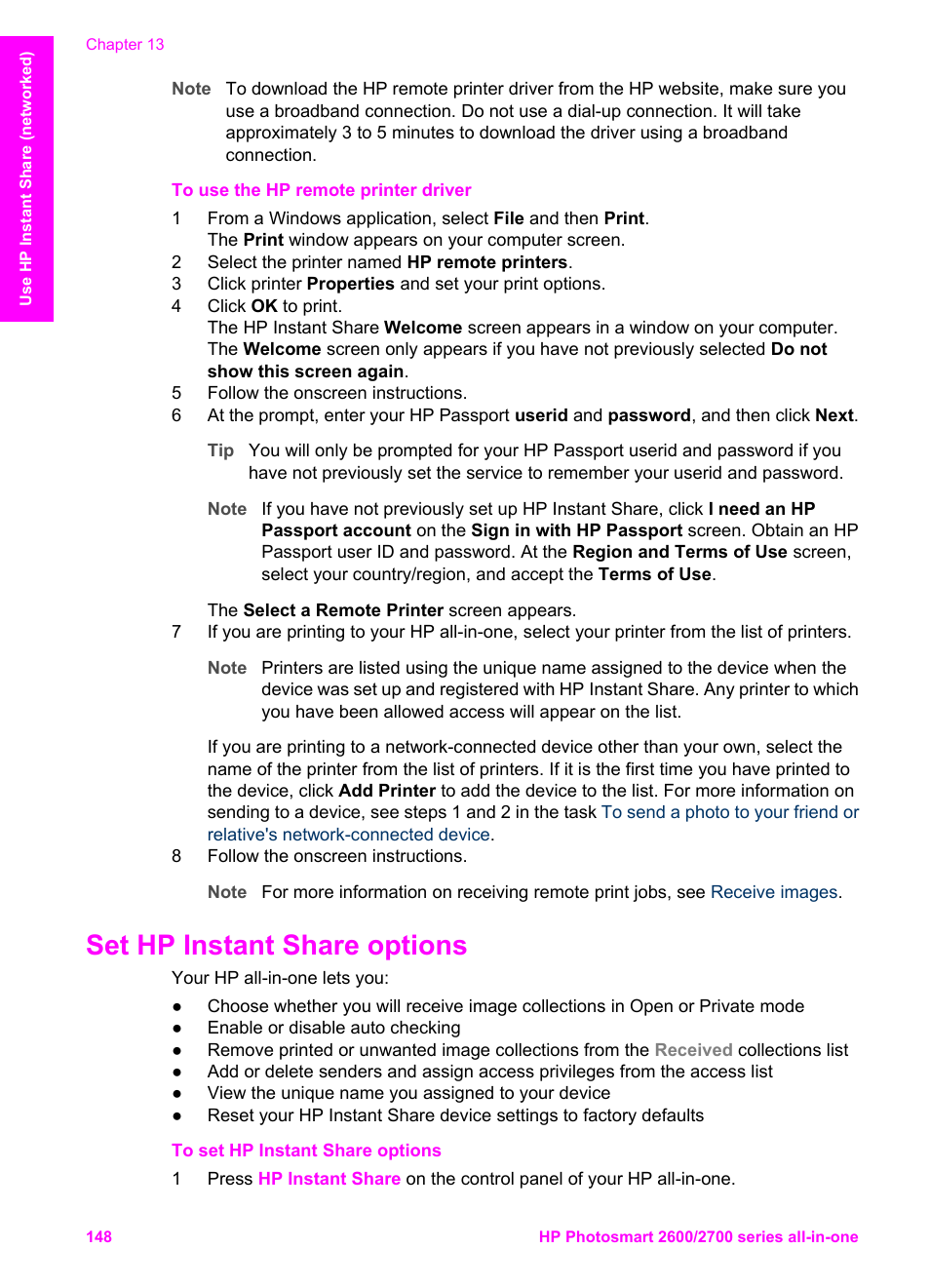 Set hp instant share options | HP 2600/2700 User Manual | Page 151 / 241