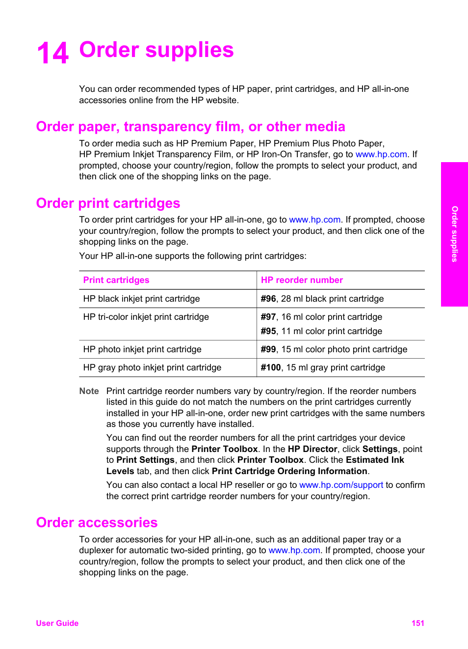 Order supplies, Order paper, transparency film, or other media, Order print cartridges | Order accessories, 14 order supplies | HP 2600/2700 User Manual | Page 154 / 241