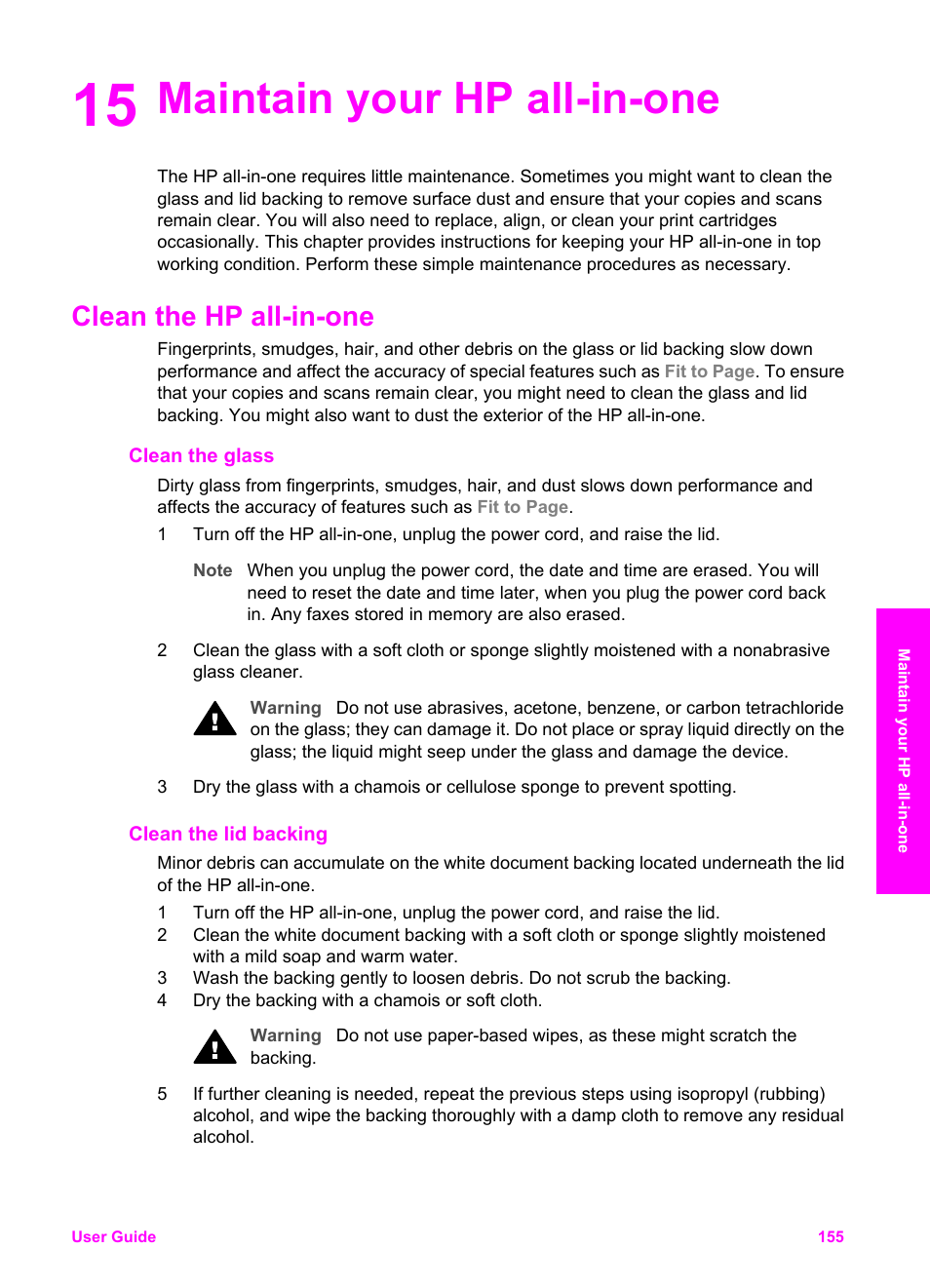 Maintain your hp all-in-one, Clean the hp all-in-one, Clean the glass | Clean the lid backing, 15 maintain your hp all-in-one | HP 2600/2700 User Manual | Page 158 / 241