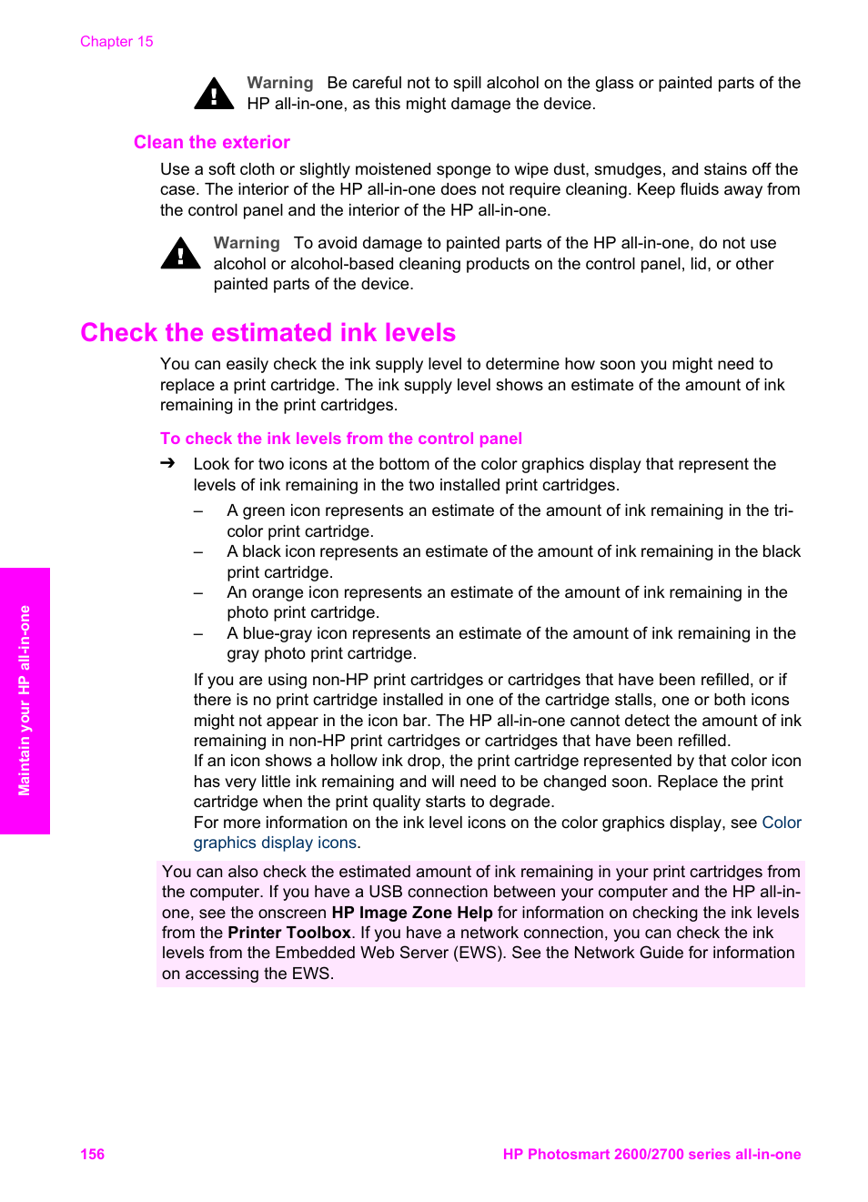 Clean the exterior, Check the estimated ink levels | HP 2600/2700 User Manual | Page 159 / 241