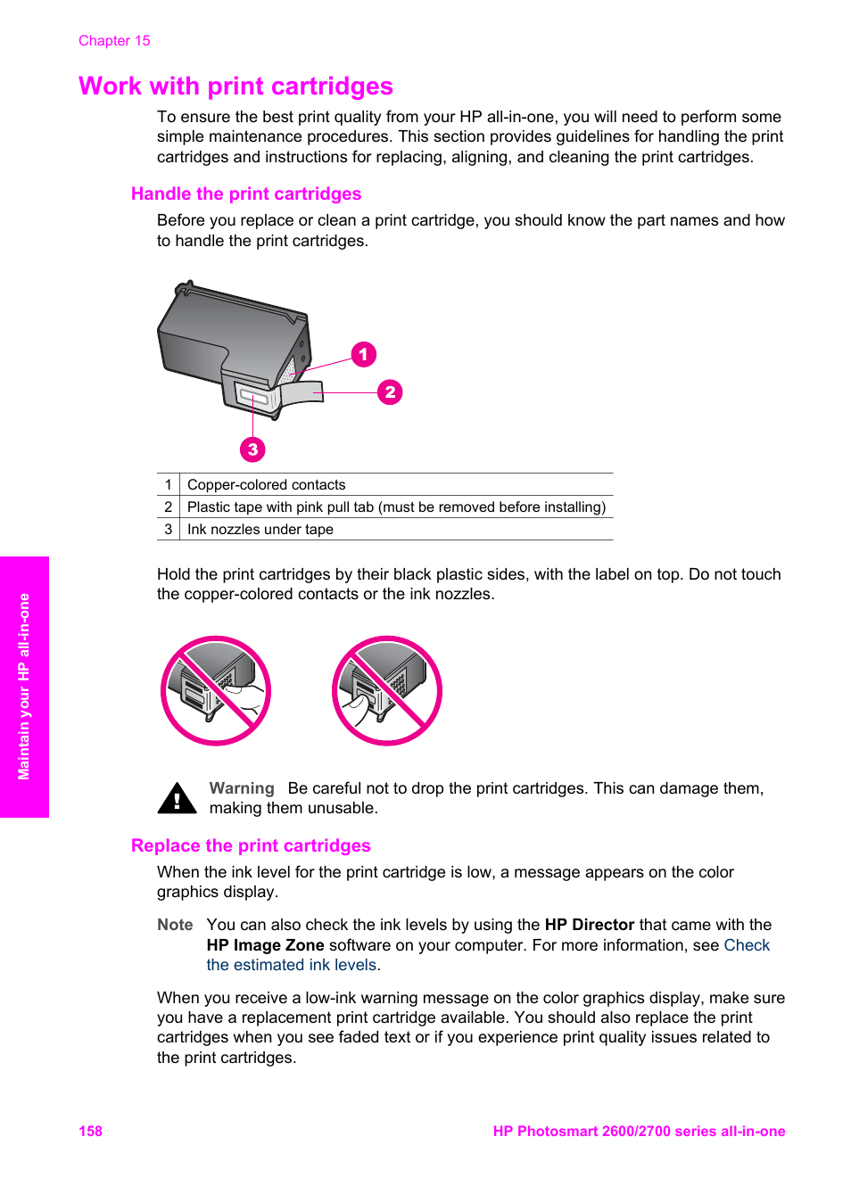 Work with print cartridges, Handle the print cartridges, Replace the print cartridges | HP 2600/2700 User Manual | Page 161 / 241