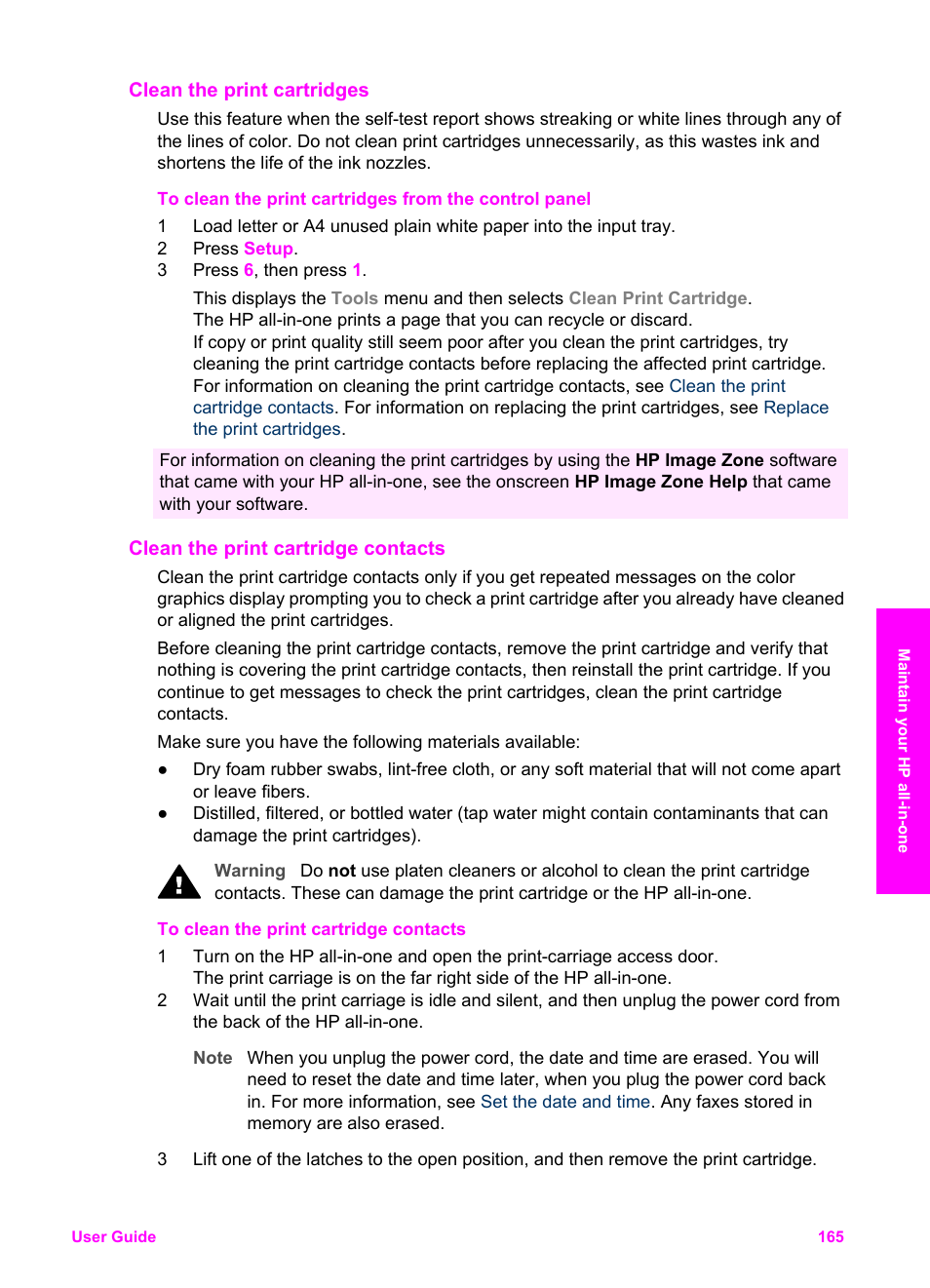 Clean the print cartridges, Clean the print cartridge contacts | HP 2600/2700 User Manual | Page 168 / 241