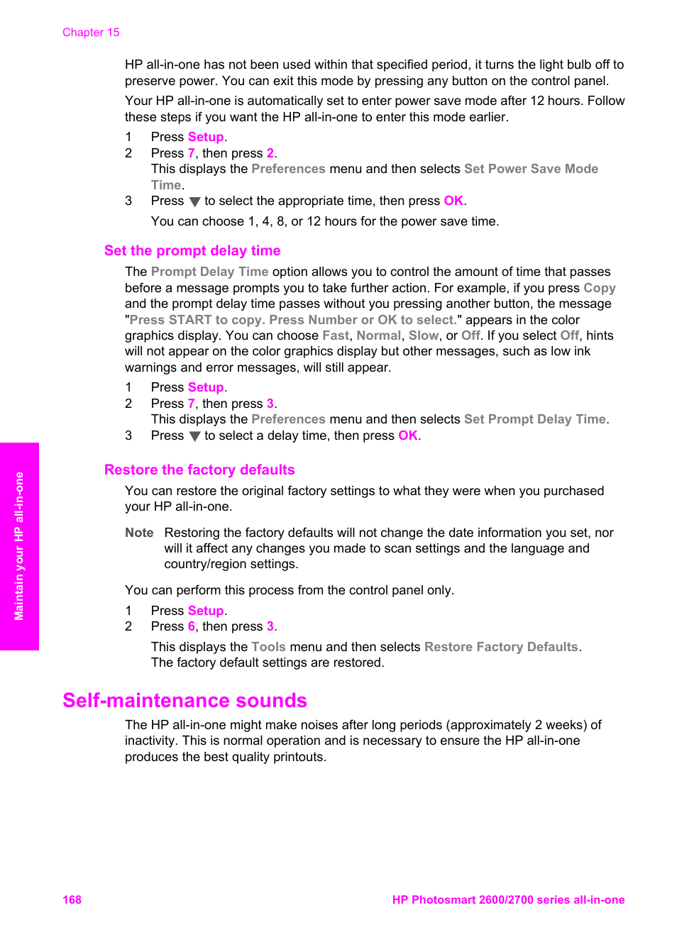 Set the prompt delay time, Restore the factory defaults, Self-maintenance sounds | HP 2600/2700 User Manual | Page 171 / 241