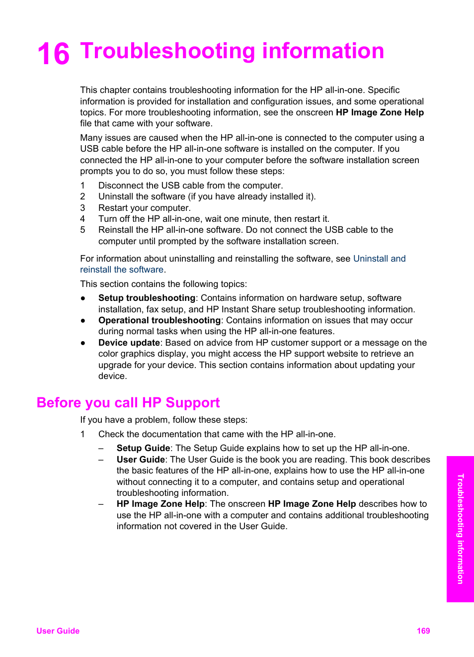 Troubleshooting information, Before you call hp support, 16 troubleshooting information | HP 2600/2700 User Manual | Page 172 / 241