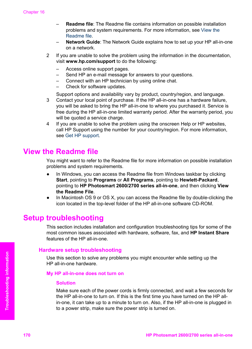 View the readme file, Setup troubleshooting, Hardware setup troubleshooting | View the readme file setup troubleshooting | HP 2600/2700 User Manual | Page 173 / 241