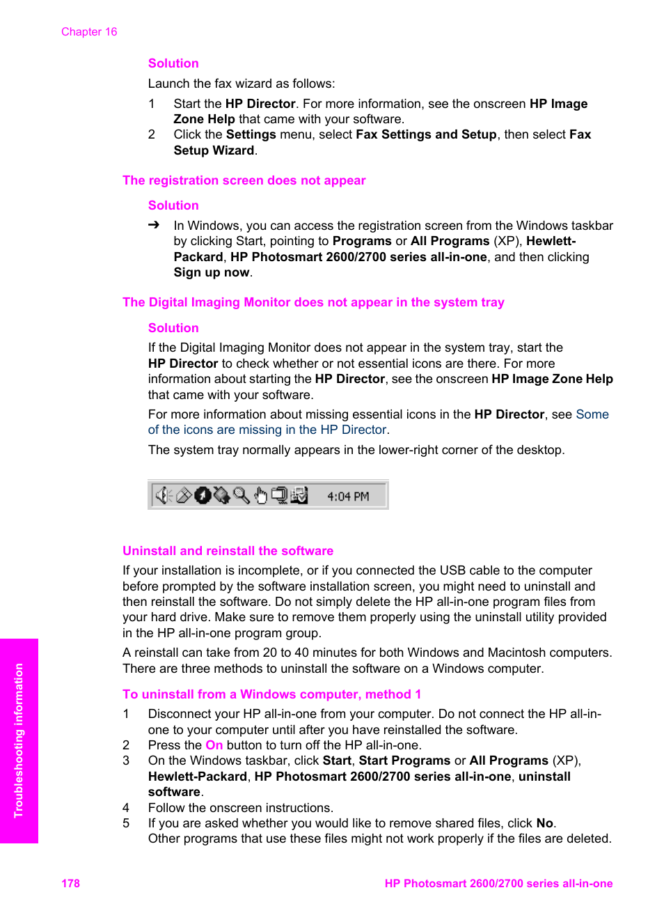 Uninstall and reinstall the software, Uninstall and reinstall the, Software | HP 2600/2700 User Manual | Page 181 / 241