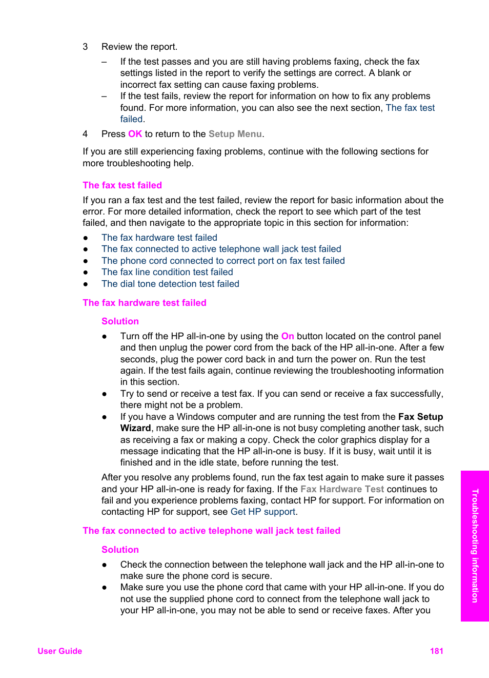 The fax test failed | HP 2600/2700 User Manual | Page 184 / 241