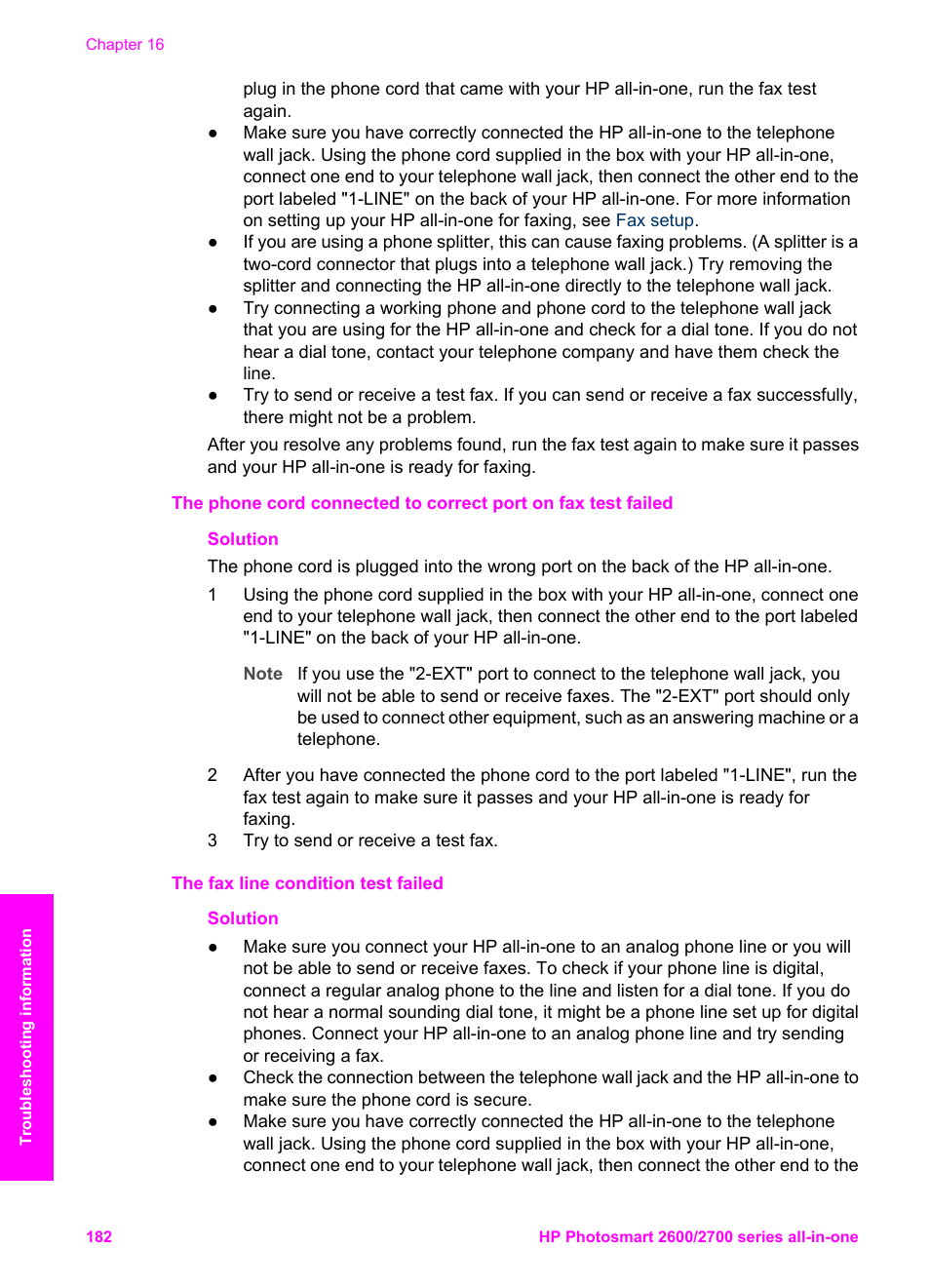 The fax line condition test failed | HP 2600/2700 User Manual | Page 185 / 241