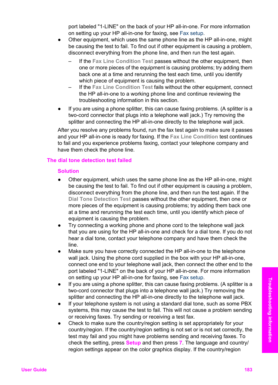 The dial tone detection test failed | HP 2600/2700 User Manual | Page 186 / 241