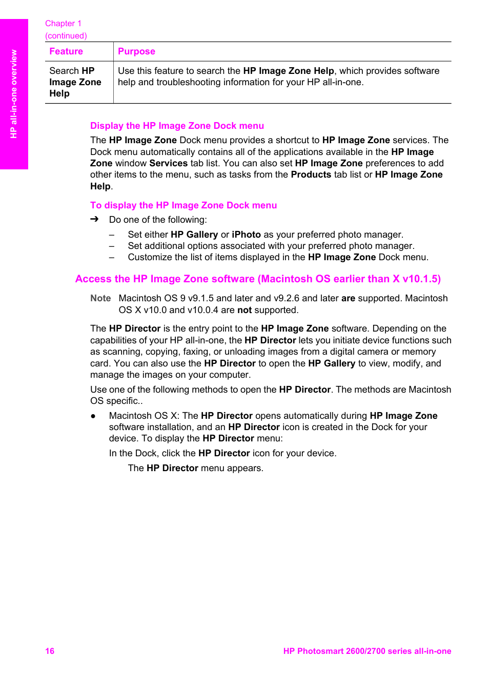 Display the hp image zone dock menu | HP 2600/2700 User Manual | Page 19 / 241