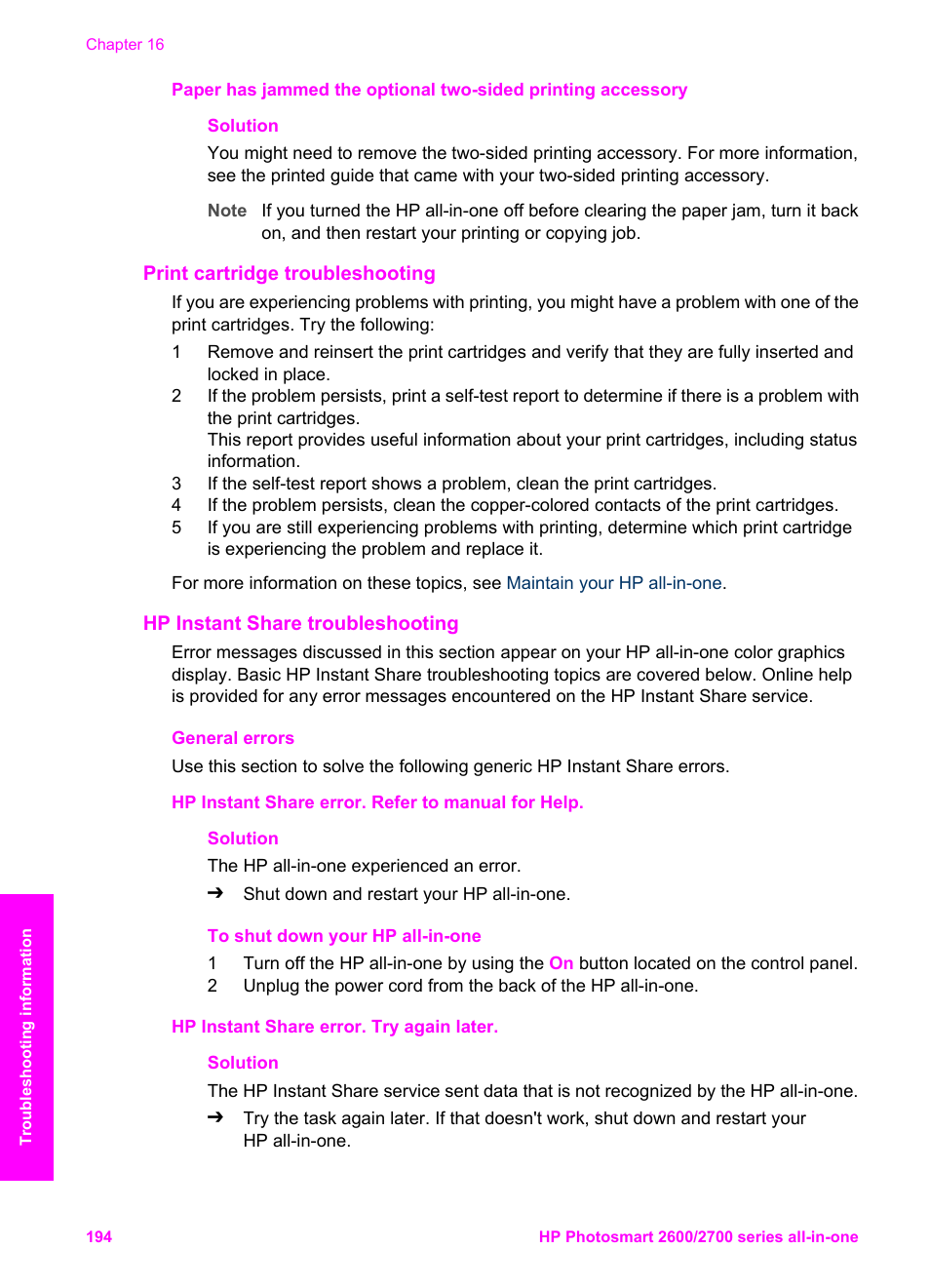 Print cartridge troubleshooting, Hp instant share troubleshooting, General errors | HP 2600/2700 User Manual | Page 197 / 241