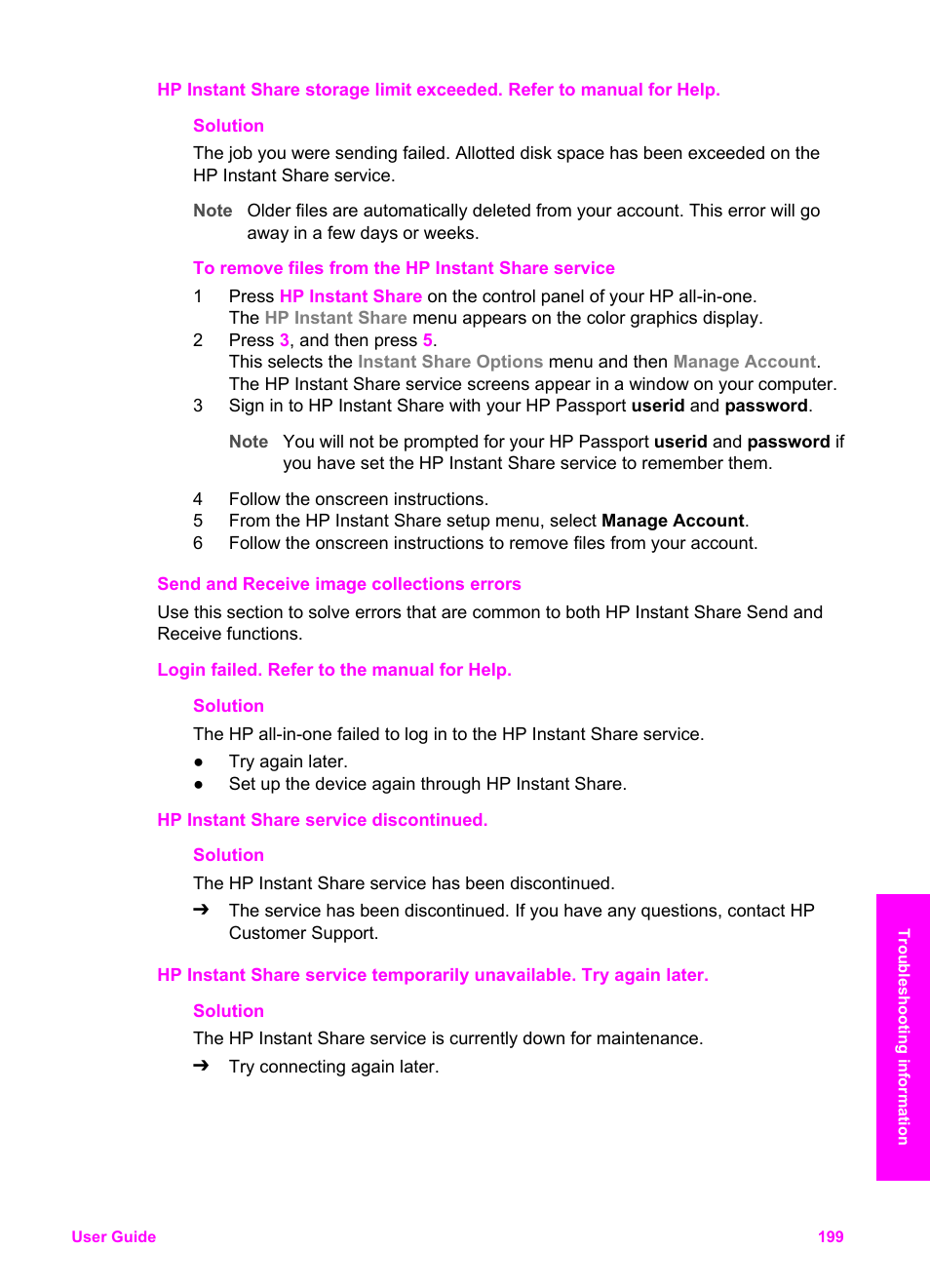 Send and receive image collections errors, Hp instant share error report messages | HP 2600/2700 User Manual | Page 202 / 241