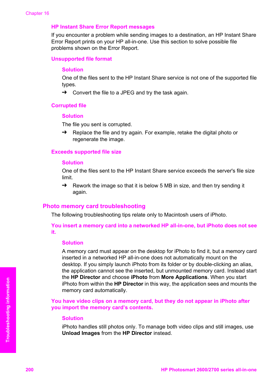 Photo memory card troubleshooting | HP 2600/2700 User Manual | Page 203 / 241