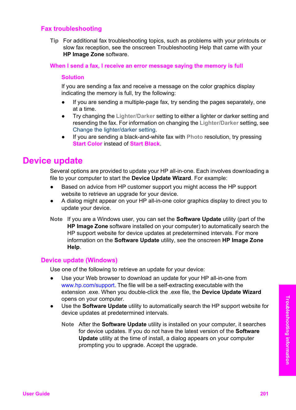 Fax troubleshooting, Device update, Device update (windows) | HP 2600/2700 User Manual | Page 204 / 241