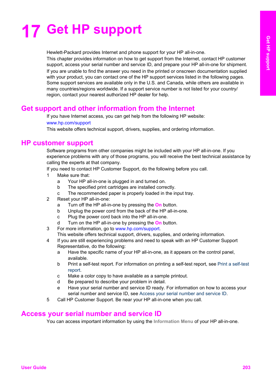 Get hp support, Hp customer support, Access your serial number and service id | 17 get hp support | HP 2600/2700 User Manual | Page 206 / 241