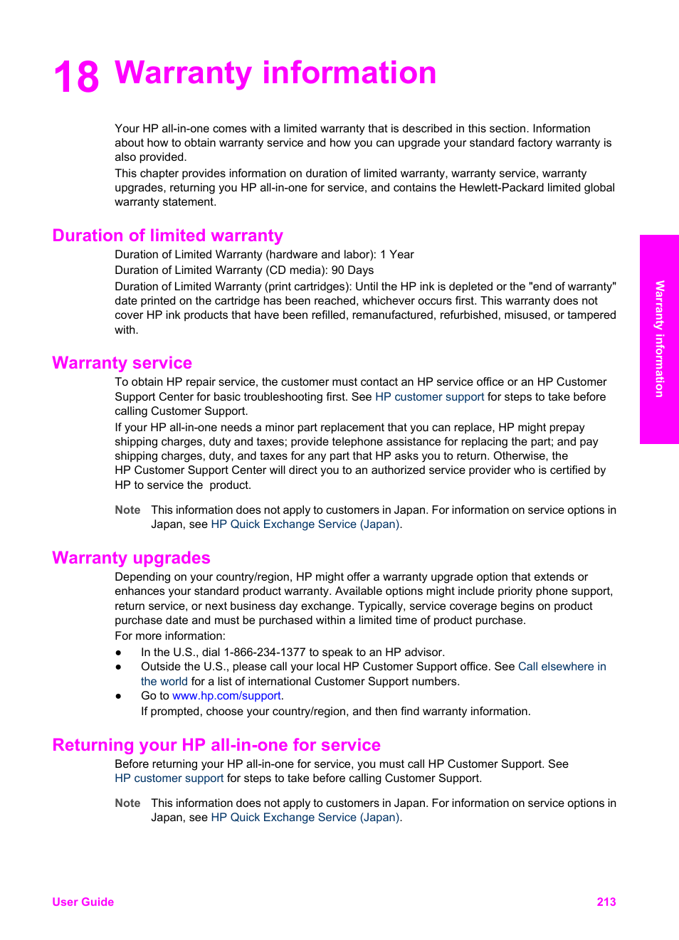 Warranty information, Duration of limited warranty, Warranty service | Warranty upgrades, Returning your hp all-in-one for service, 18 warranty information | HP 2600/2700 User Manual | Page 216 / 241
