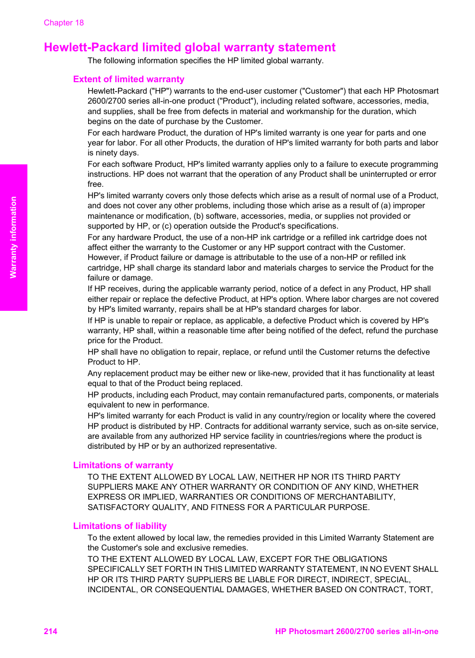 Hewlett-packard limited global warranty statement, Extent of limited warranty, Limitations of warranty | Limitations of liability | HP 2600/2700 User Manual | Page 217 / 241