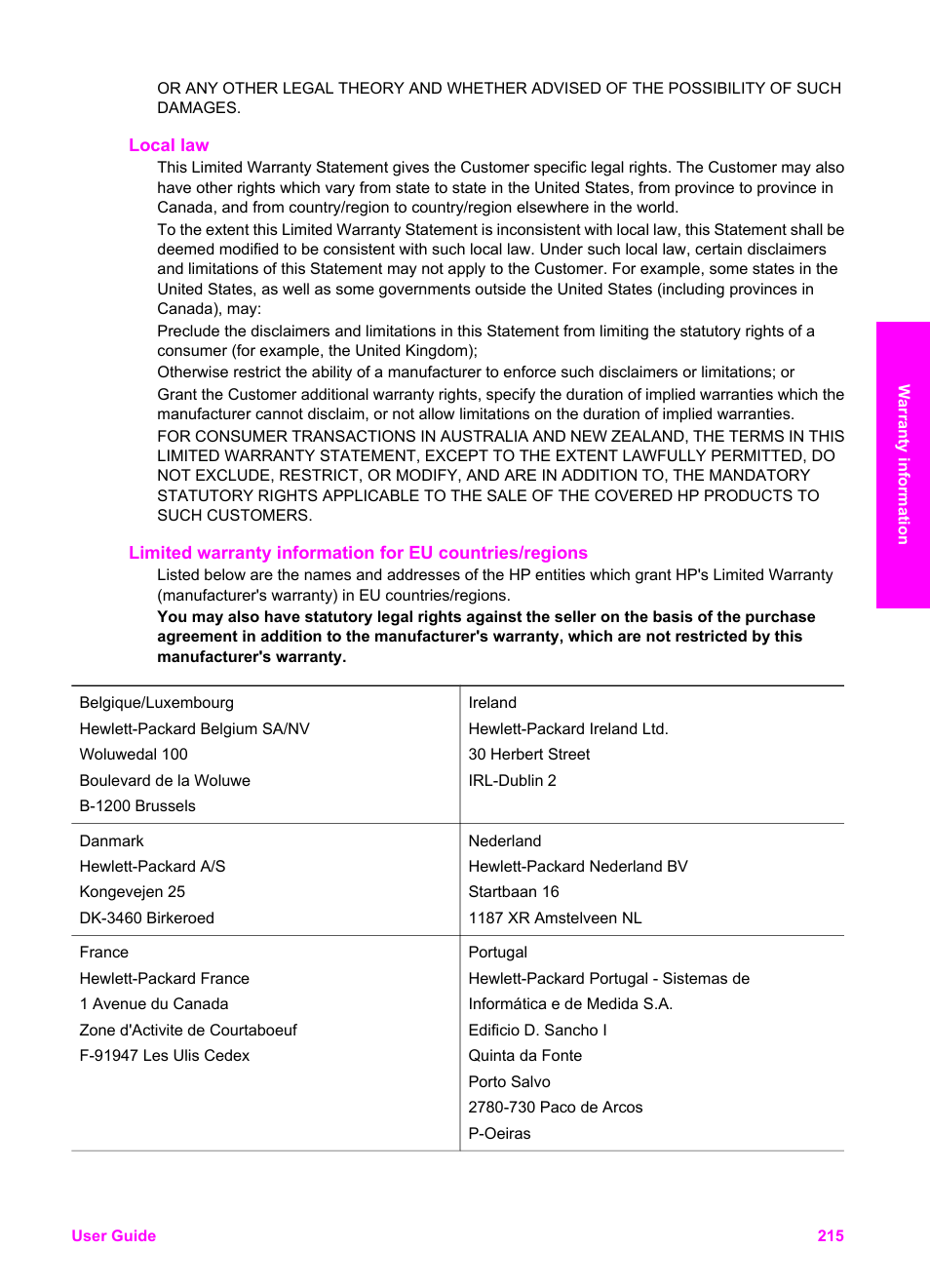 Local law | HP 2600/2700 User Manual | Page 218 / 241