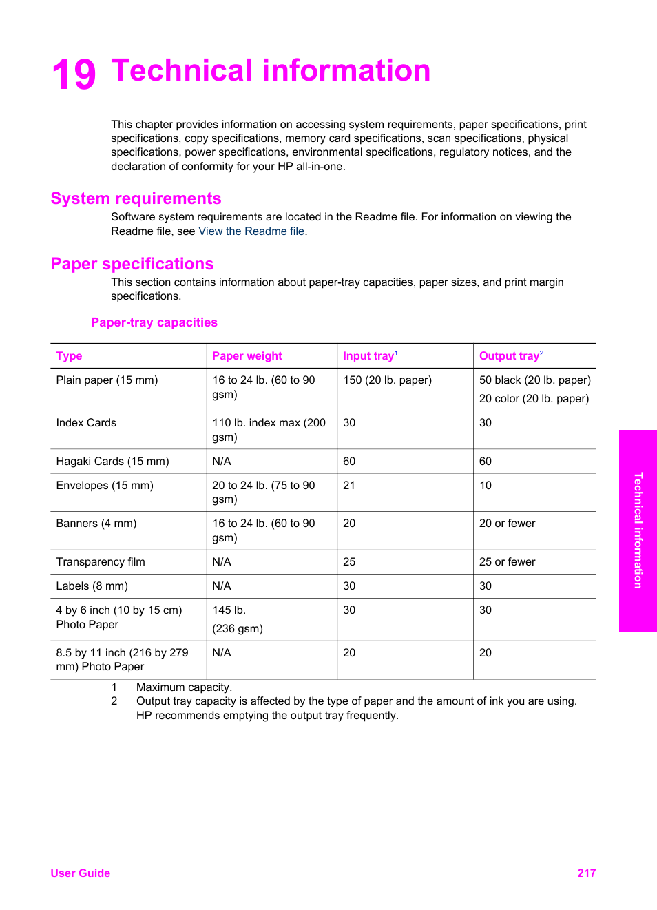 Technical information, System requirements, Paper specifications | Paper-tray capacities, 19 technical information, System requirements paper specifications | HP 2600/2700 User Manual | Page 220 / 241