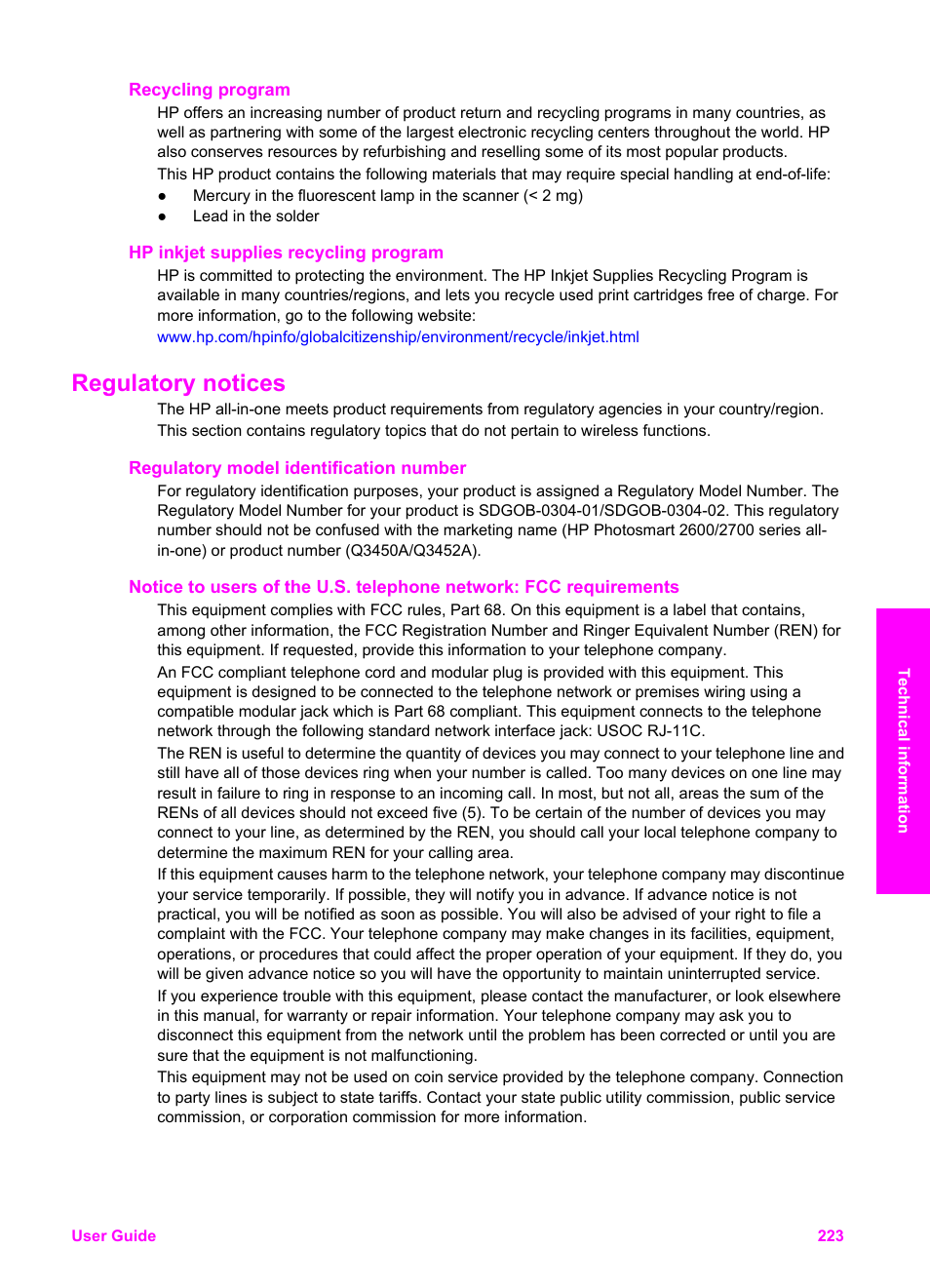 Recycling program, Hp inkjet supplies recycling program, Regulatory notices | Regulatory model identification number | HP 2600/2700 User Manual | Page 226 / 241