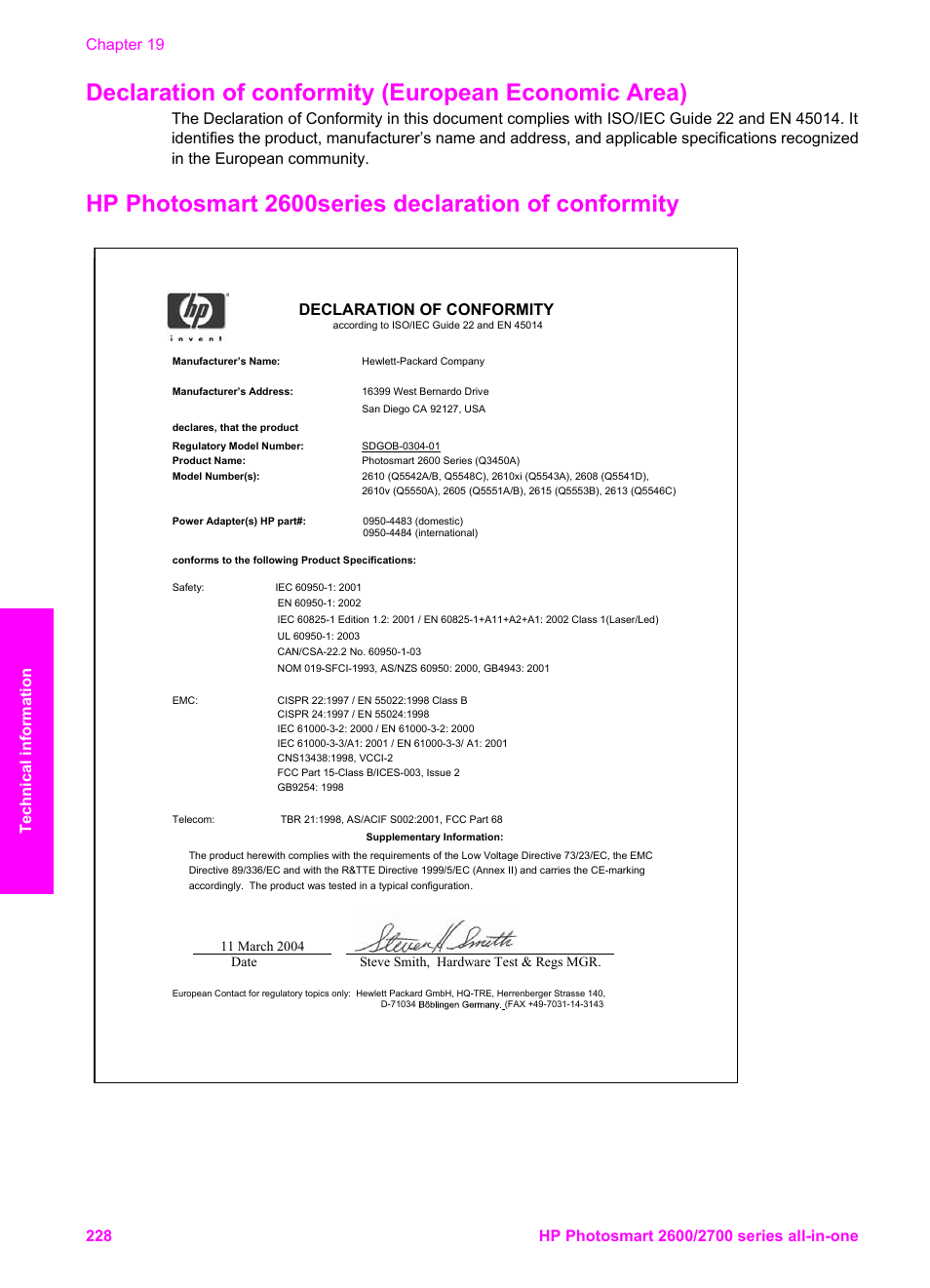 Declaration of conformity (european economic area), Hp photosmart 2600series declaration of conformity, Declaration of conformity | HP 2600/2700 User Manual | Page 231 / 241