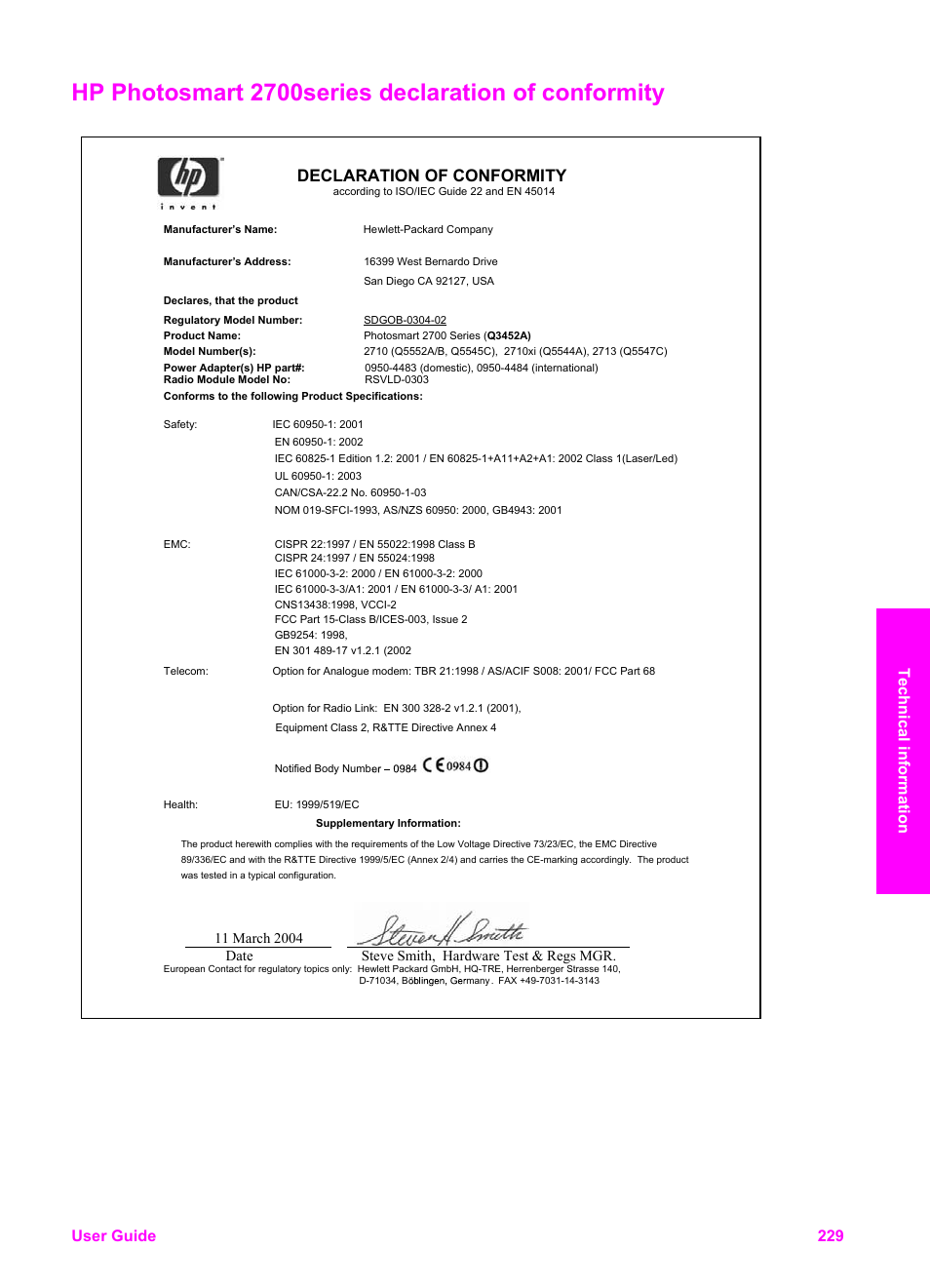 Hp photosmart 2700series declaration of conformity, Declaration of conformity, User guide 229 technical information | HP 2600/2700 User Manual | Page 232 / 241