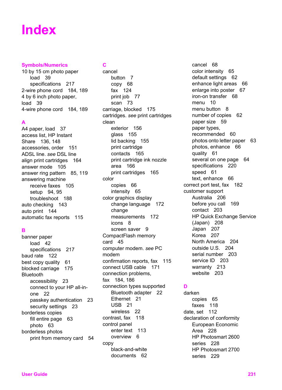 Index | HP 2600/2700 User Manual | Page 234 / 241