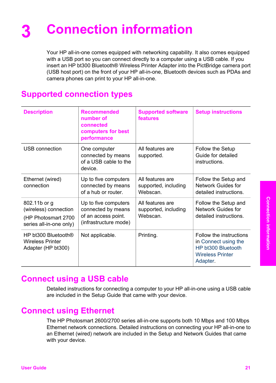 Connection information, Supported connection types, Connect using a usb cable | Connect using ethernet | HP 2600/2700 User Manual | Page 24 / 241