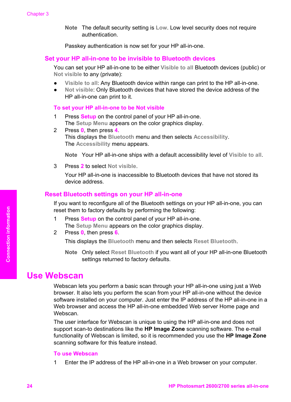 Reset bluetooth settings on your hp all-in-one, Use webscan | HP 2600/2700 User Manual | Page 27 / 241