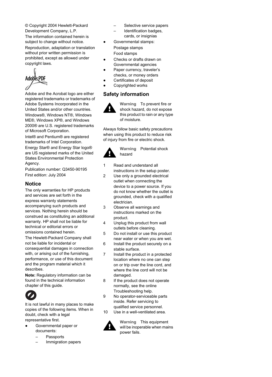 Notice, Safety information | HP 2600/2700 User Manual | Page 3 / 241