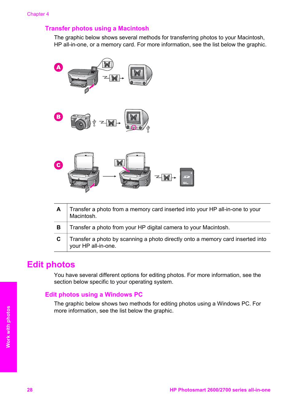 Transfer photos using a macintosh, Edit photos, Edit photos using a windows pc | HP 2600/2700 User Manual | Page 31 / 241