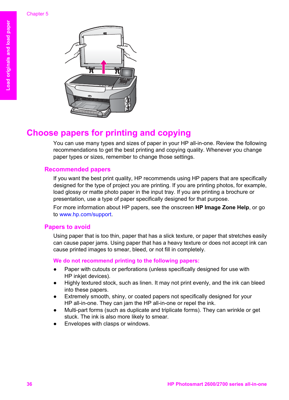 Choose papers for printing and copying, Recommended papers, Papers to avoid | HP 2600/2700 User Manual | Page 39 / 241