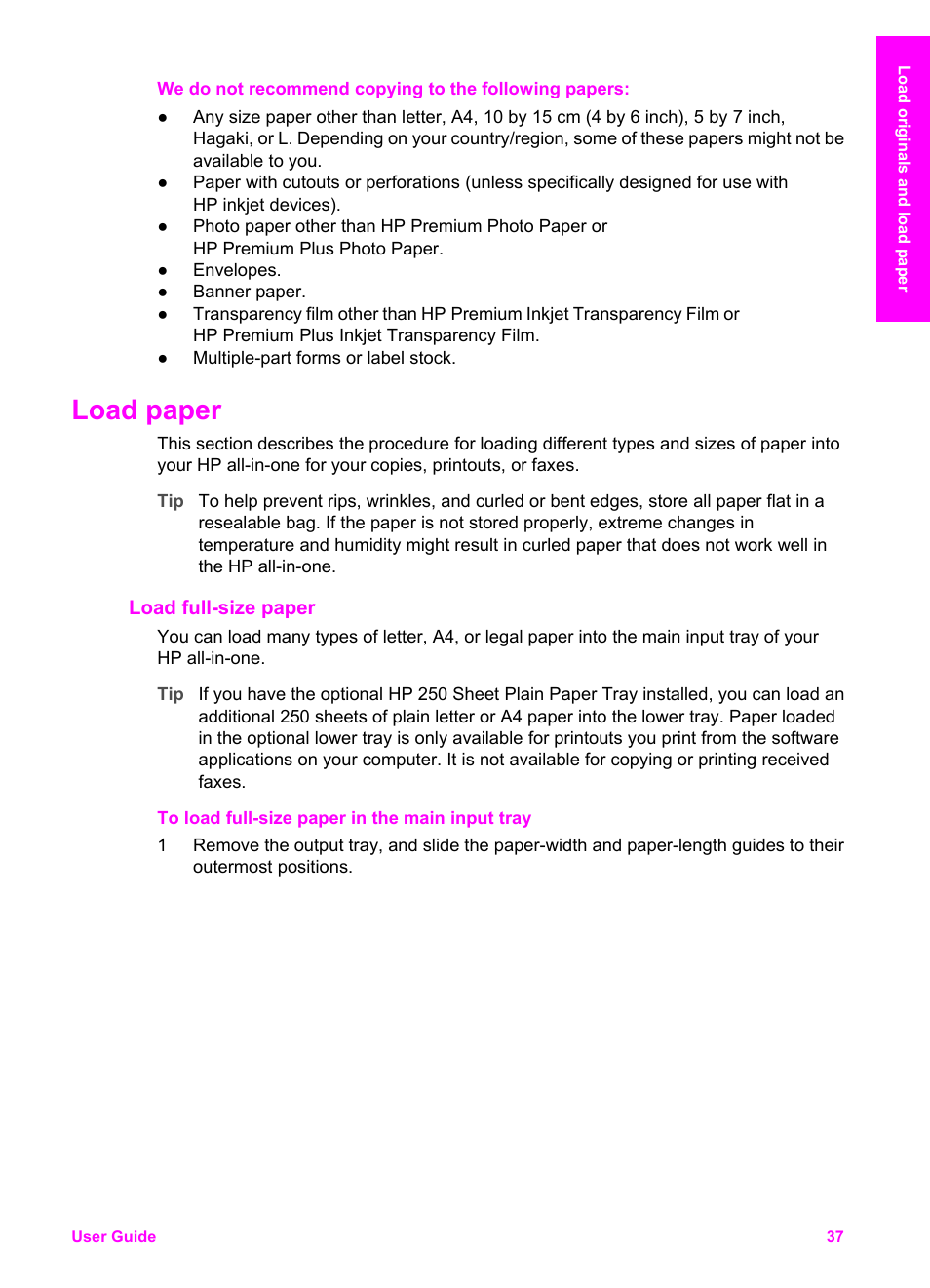 Load paper, Load full-size paper | HP 2600/2700 User Manual | Page 40 / 241