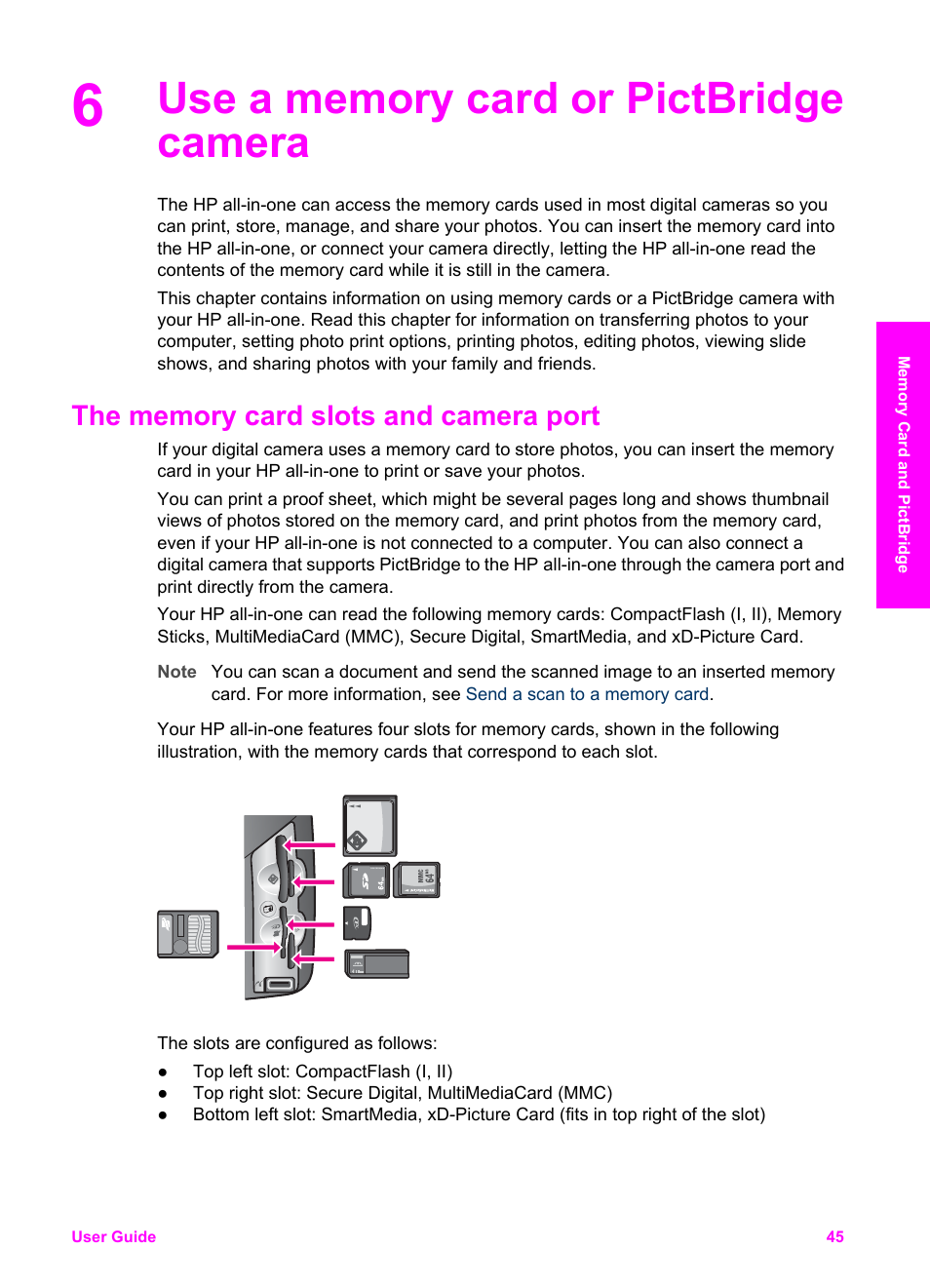 Use a memory card or pictbridge camera, The memory card slots and camera port | HP 2600/2700 User Manual | Page 48 / 241