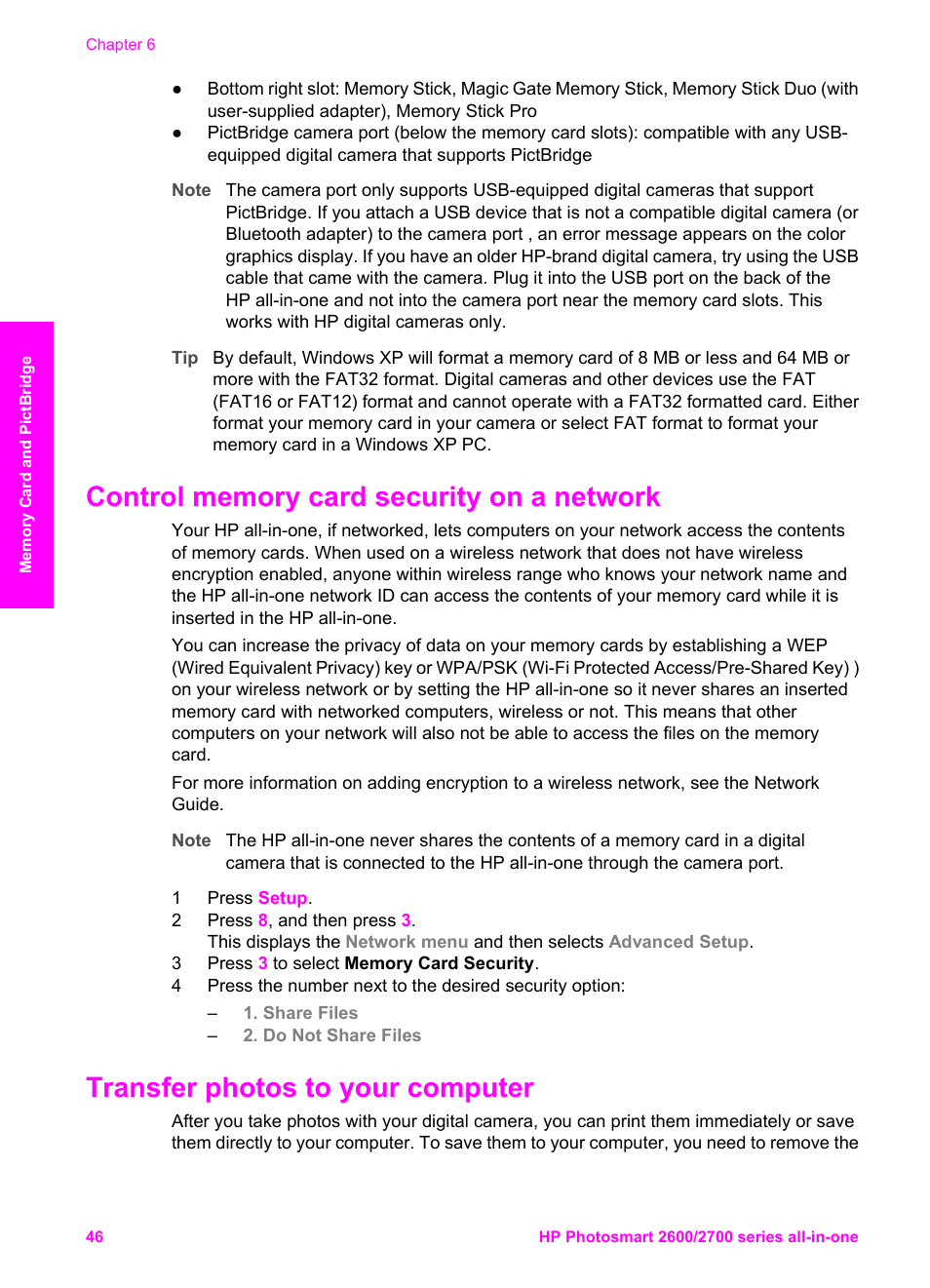 Control memory card security on a network, Transfer photos to your computer | HP 2600/2700 User Manual | Page 49 / 241