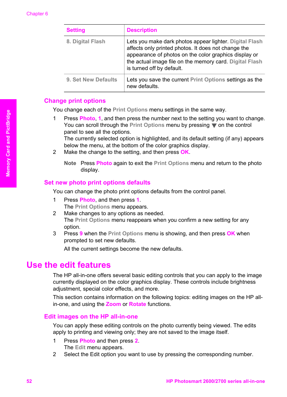 Change print options, Set new photo print options defaults, Use the edit features | Edit images on the hp all-in-one | HP 2600/2700 User Manual | Page 55 / 241