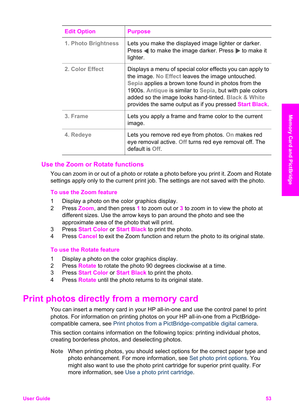 Use the zoom or rotate functions, Print photos directly from a memory card | HP 2600/2700 User Manual | Page 56 / 241