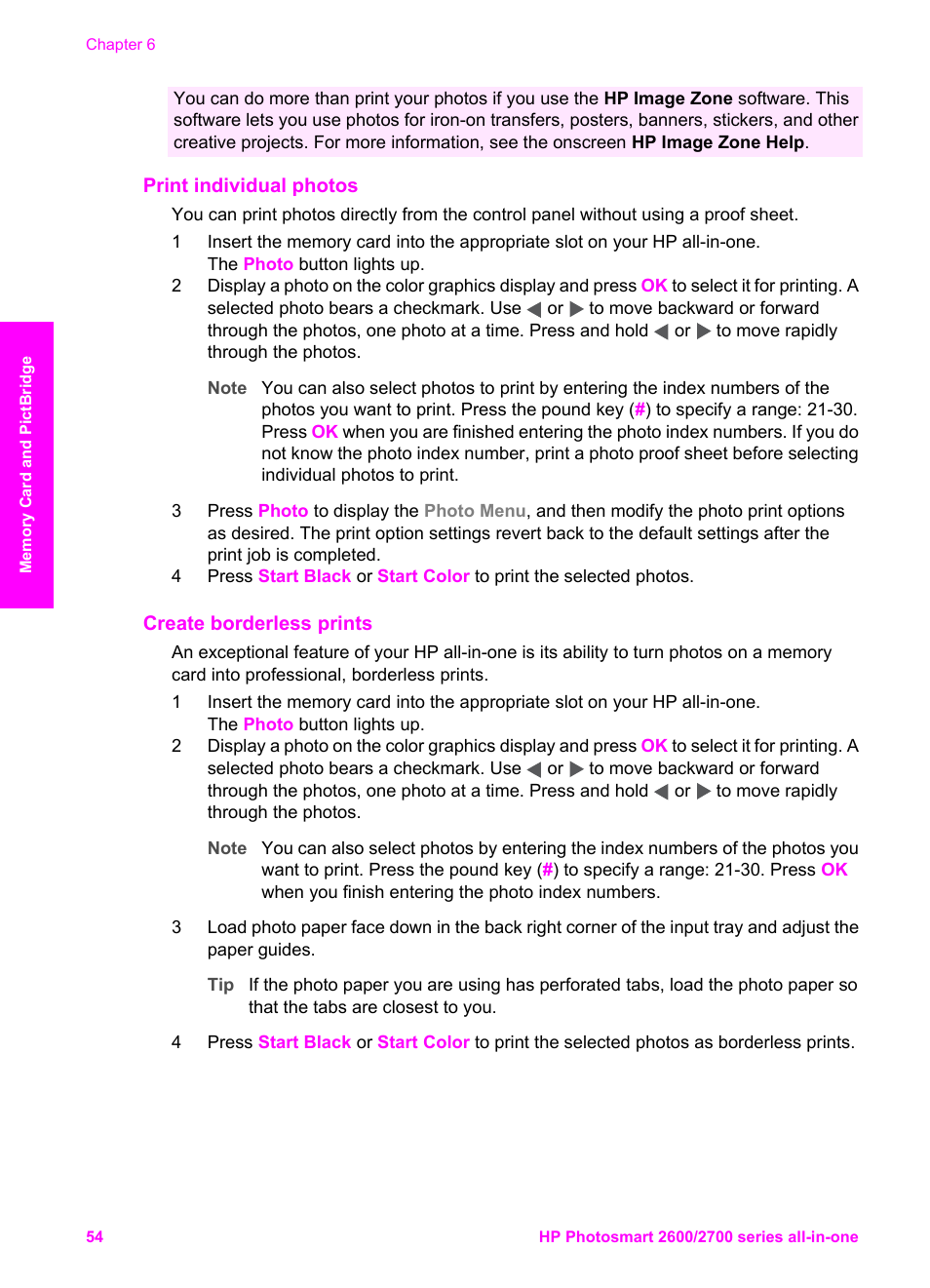 Print individual photos, Create borderless prints | HP 2600/2700 User Manual | Page 57 / 241