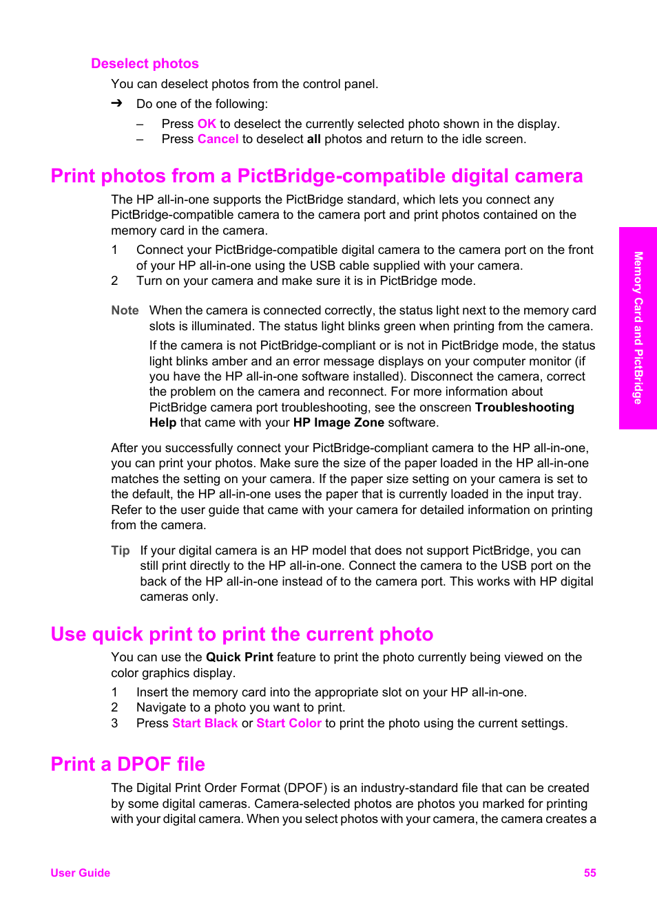 Deselect photos, Use quick print to print the current photo, Print a dpof file | HP 2600/2700 User Manual | Page 58 / 241