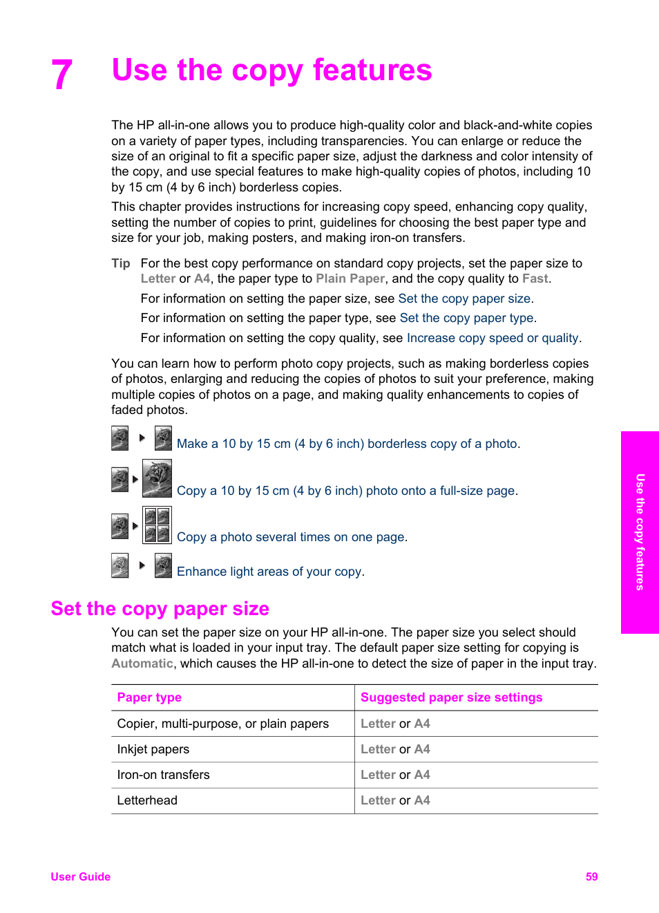 Use the copy features, Set the copy paper size | HP 2600/2700 User Manual | Page 62 / 241