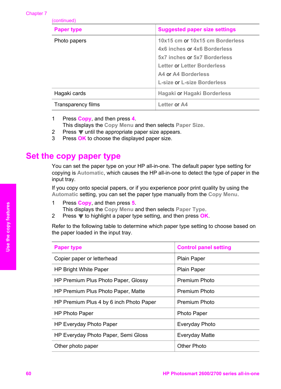 Set the copy paper type | HP 2600/2700 User Manual | Page 63 / 241