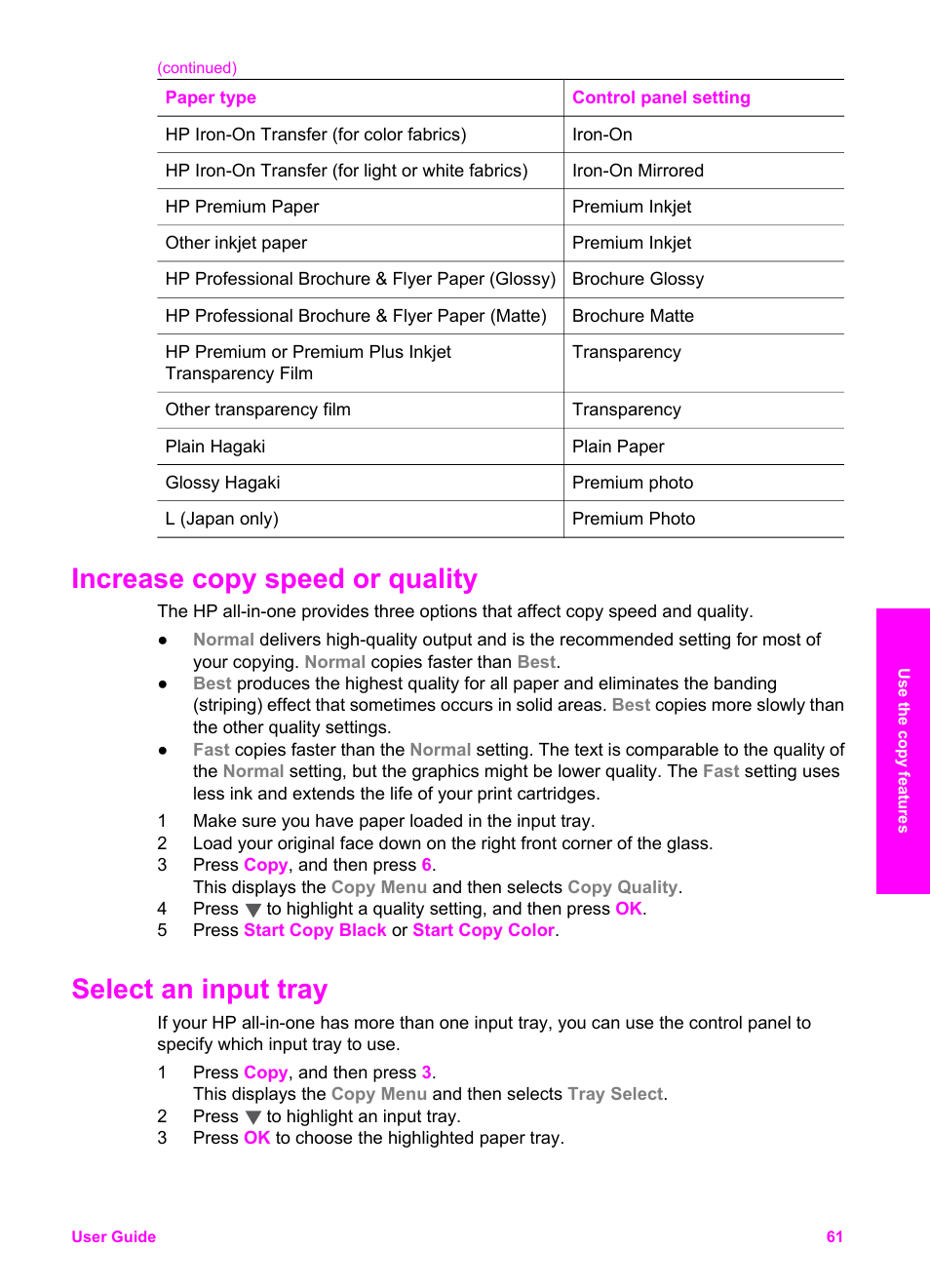 Increase copy speed or quality, Select an input tray | HP 2600/2700 User Manual | Page 64 / 241