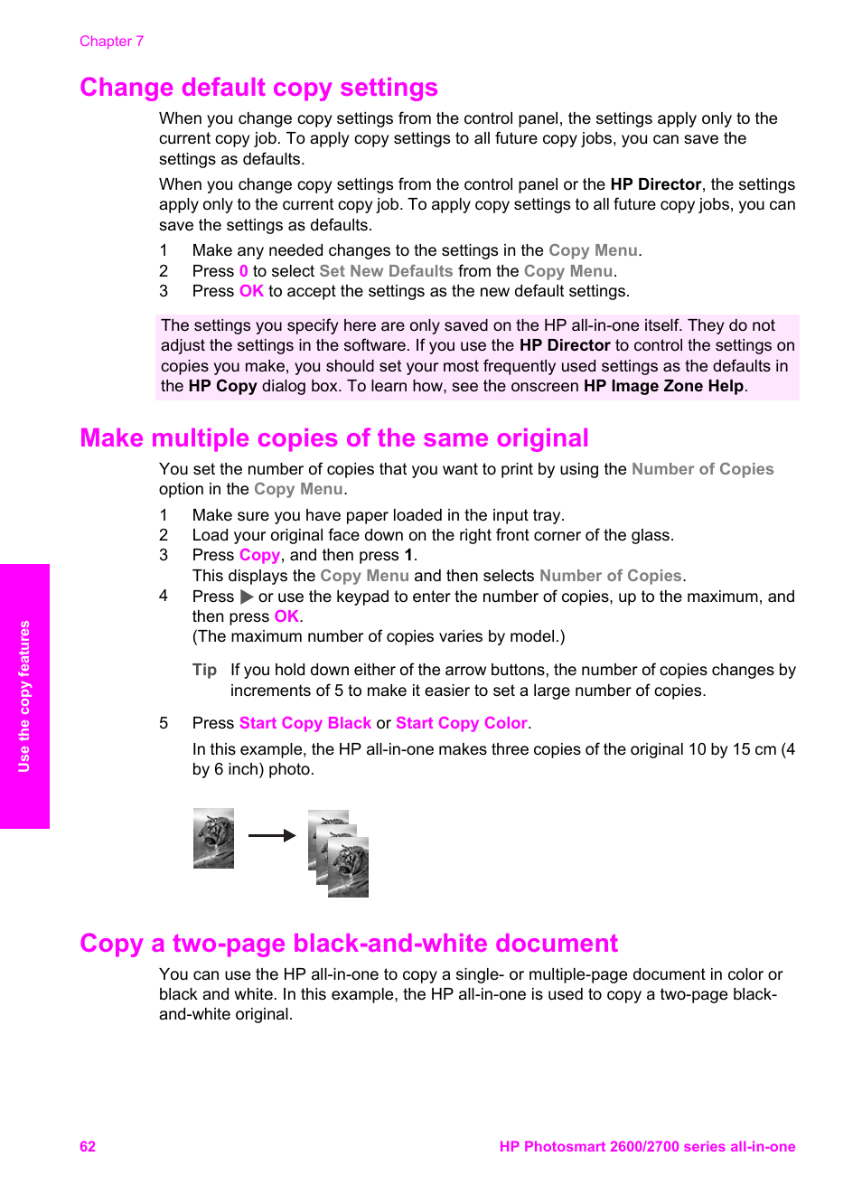 Change default copy settings, Make multiple copies of the same original, Copy a two-page black-and-white document | HP 2600/2700 User Manual | Page 65 / 241