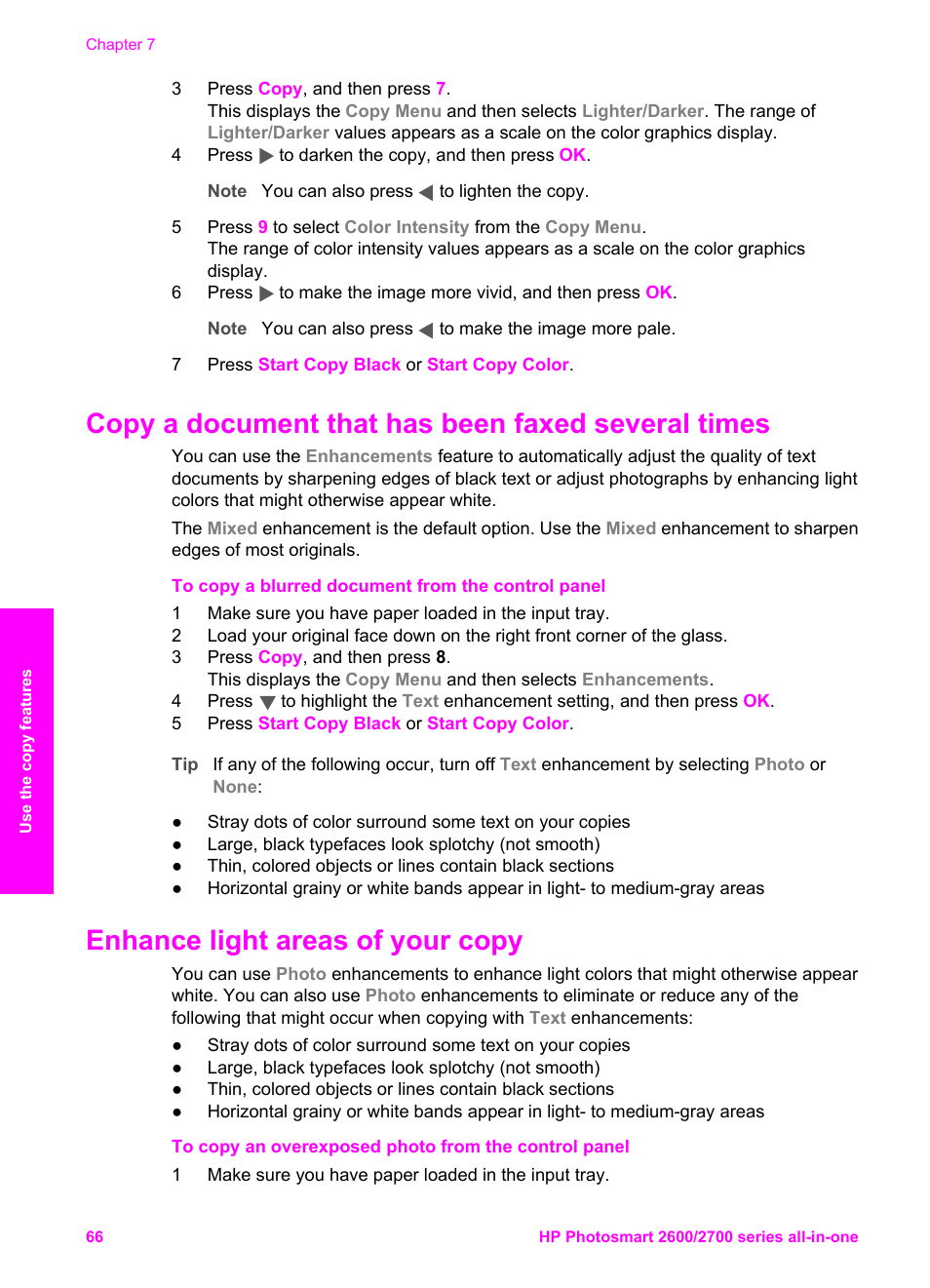 Copy a document that has been faxed several times, Enhance light areas of your copy, Enhance light areas | Of your copy | HP 2600/2700 User Manual | Page 69 / 241