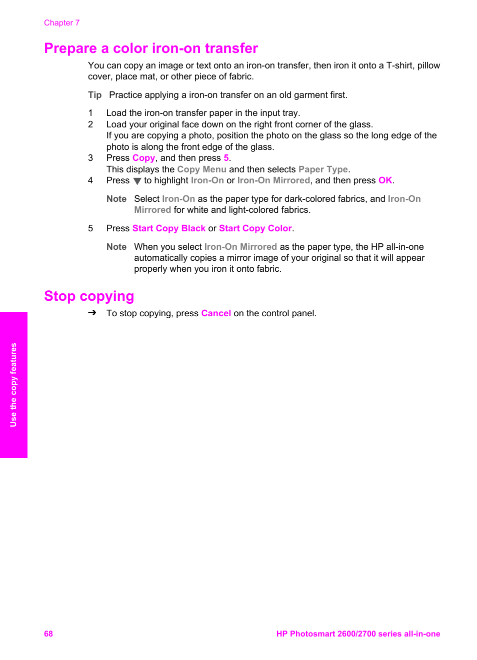 Prepare a color iron-on transfer, Stop copying, Prepare a color iron-on transfer stop copying | HP 2600/2700 User Manual | Page 71 / 241
