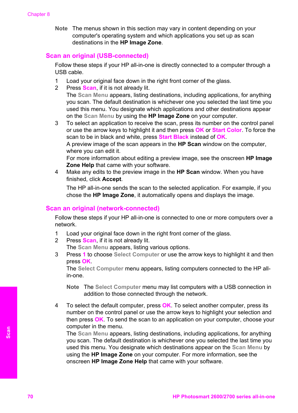 Scan an original (usb-connected), Scan an original (network-connected) | HP 2600/2700 User Manual | Page 73 / 241