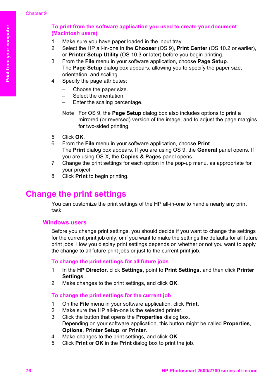 Change the print settings, Windows users | HP 2600/2700 User Manual | Page 79 / 241