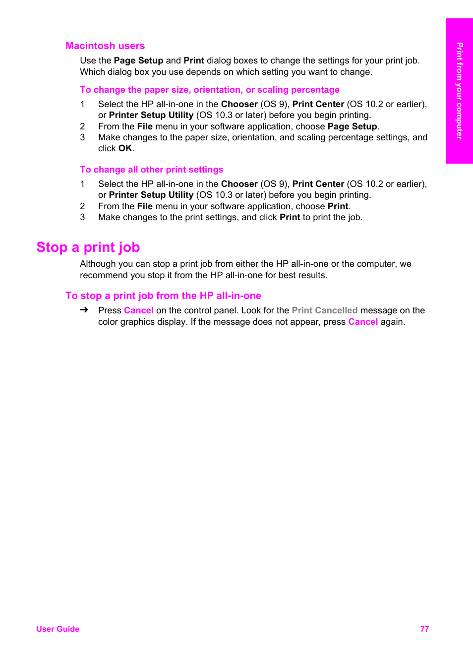 Macintosh users, Stop a print job, To stop a print job from the hp all-in-one | HP 2600/2700 User Manual | Page 80 / 241