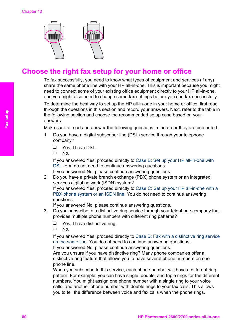 Choose the right fax setup for your home or office | HP 2600/2700 User Manual | Page 83 / 241